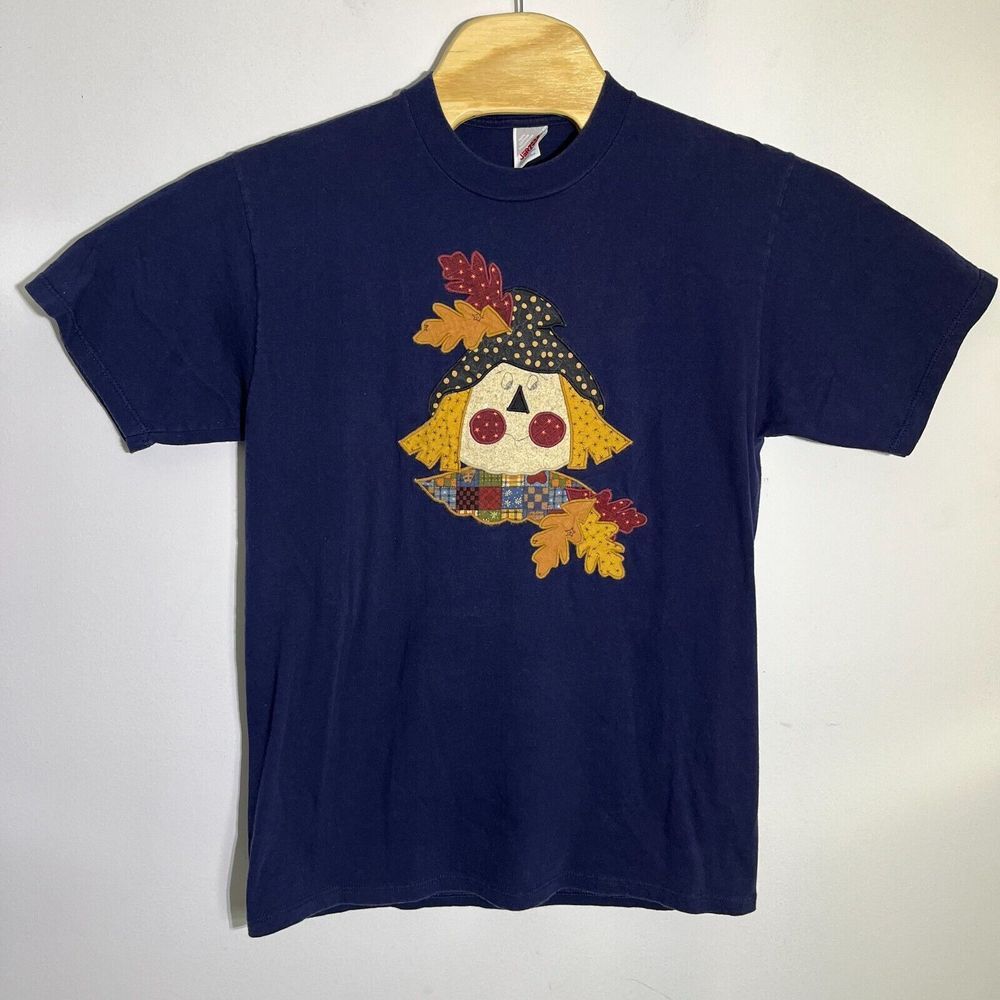 Vintage Jerzees Womens L Blue Embroidered Short Sleeve Fall Scarecrow T Shirt